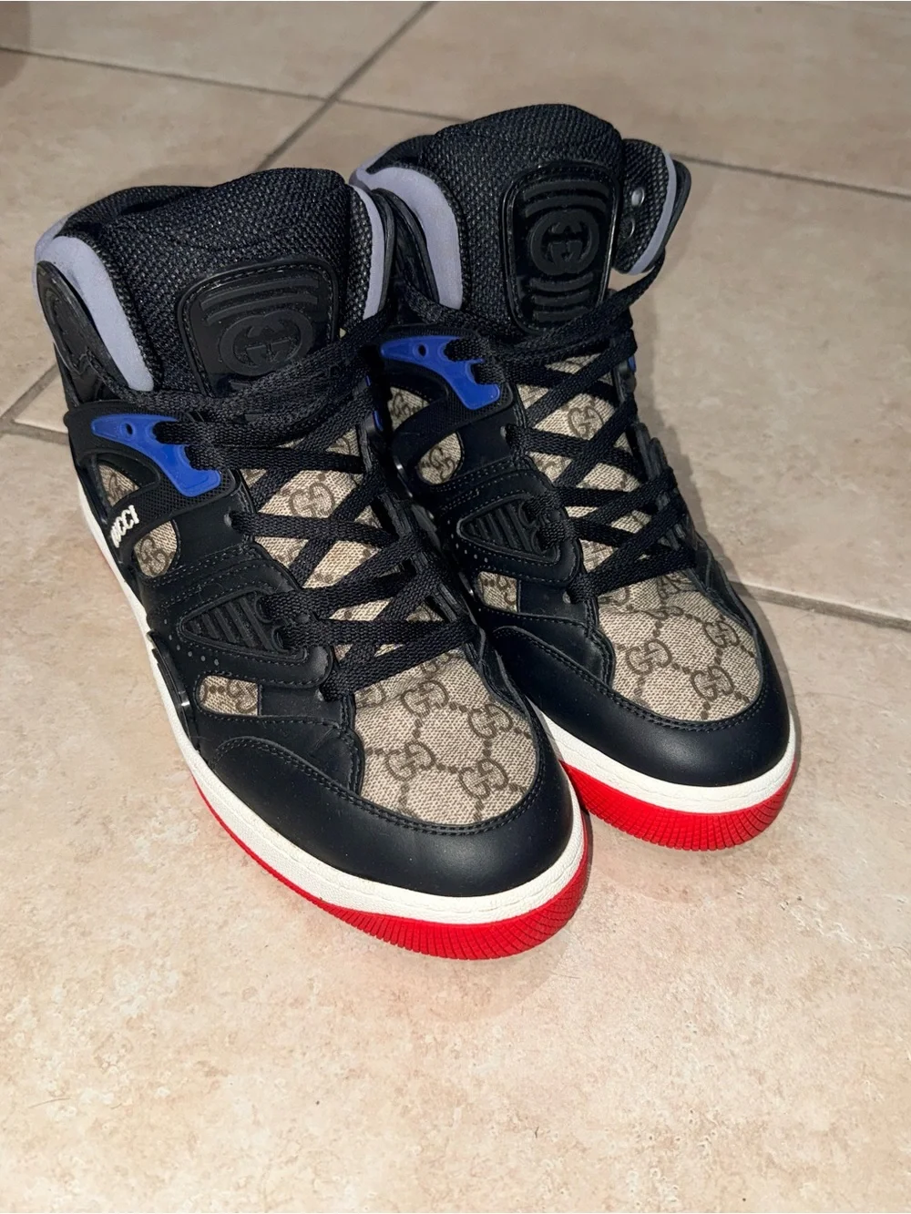 Gucci Black and Red GG High-Top Sneakers with Blue Trim
